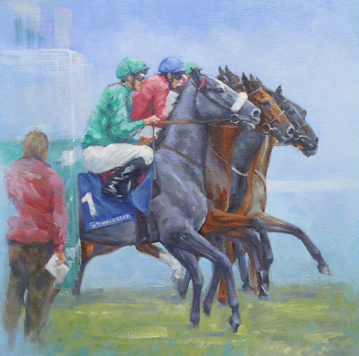 Paul Anthony Lucas, oil on canvas, Racehorses at the start', label verso, 40 x 40cm, unframed